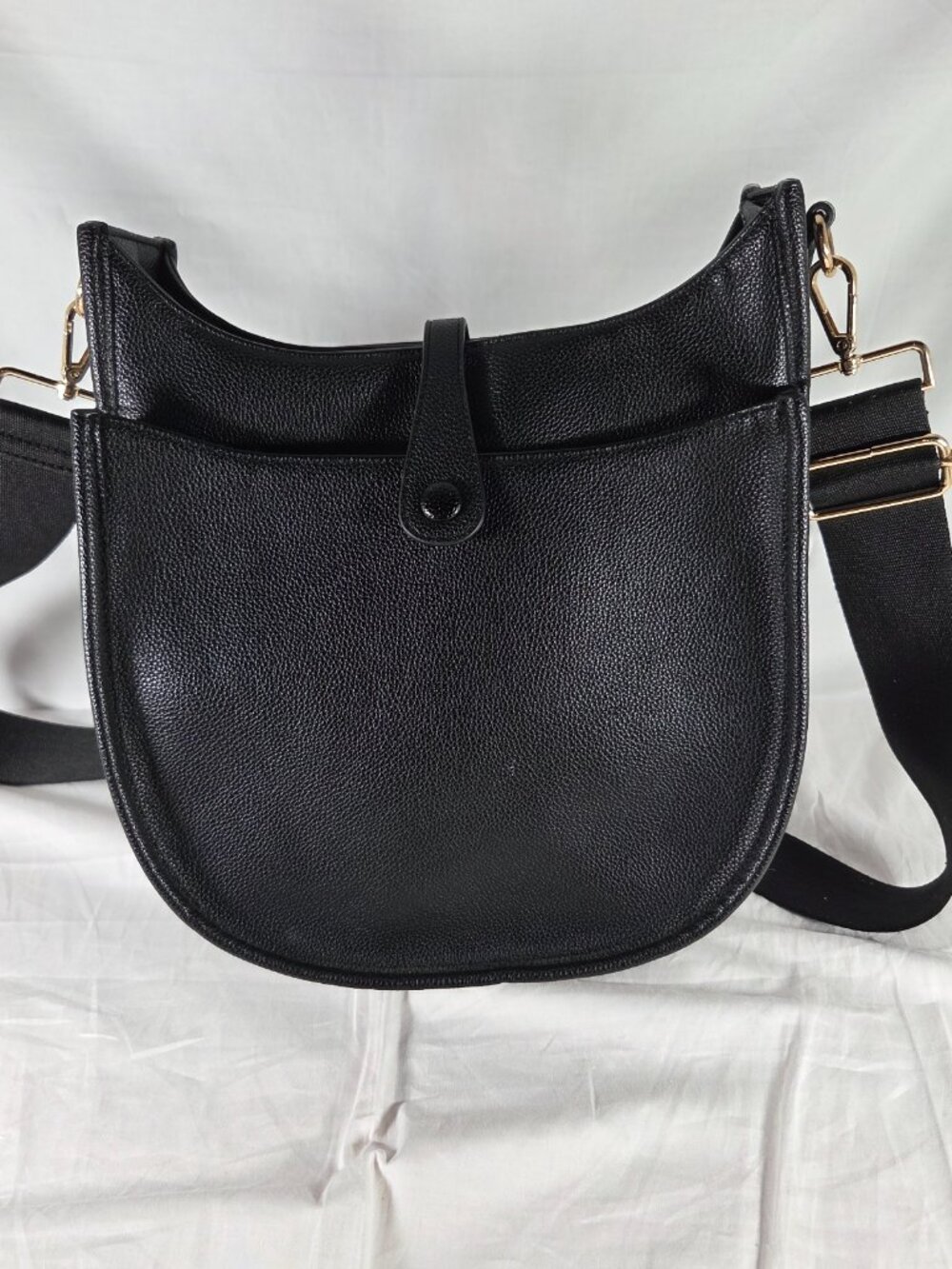 Ah-Dorned Black Pebbled Vegan Leather Messenger Crossbody Bag Zip Web Strap